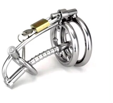 Stainless steel male chastity device with catheter and anti-drop ring, cock cage, penis ring